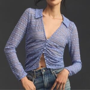 By Anthropologie Long Sleeve V Neck Floral Lace Top Lavender Ruched